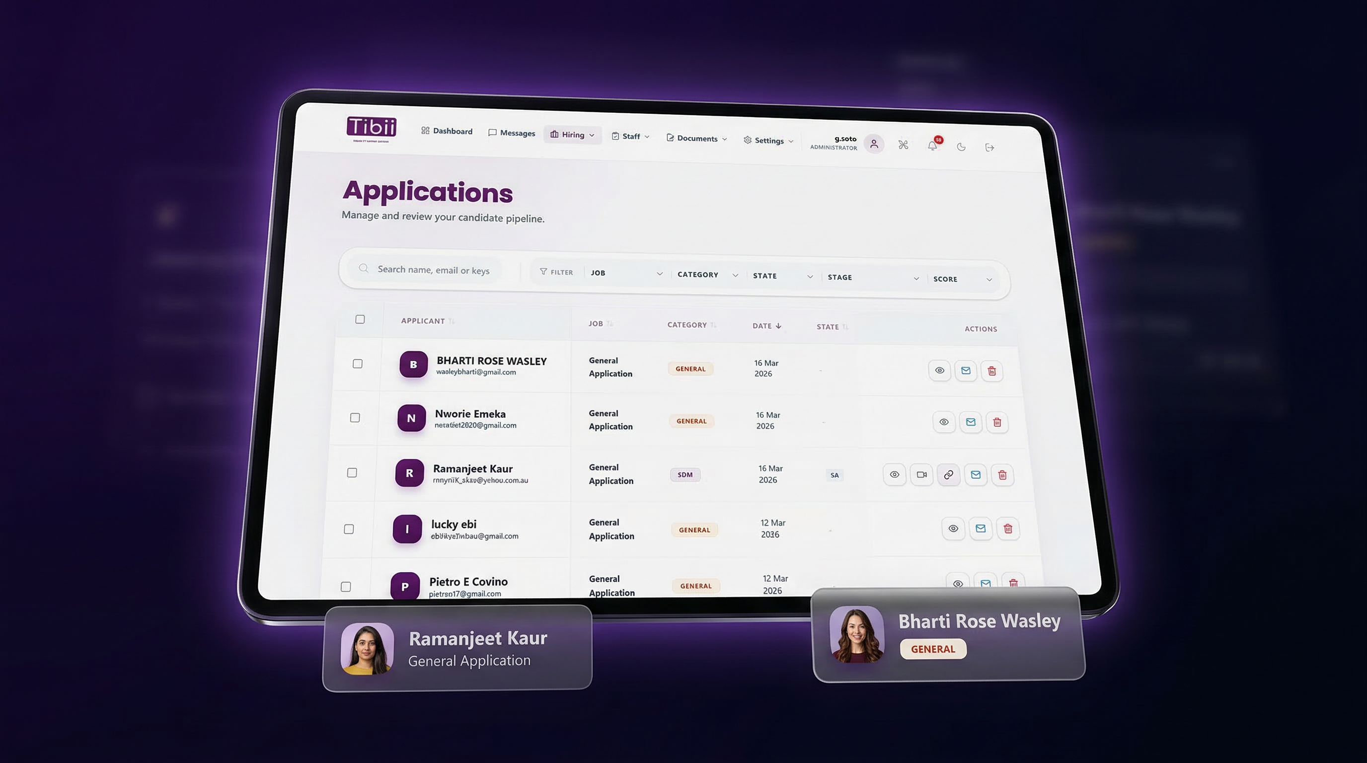 Hiroo Applications — candidate pipeline with search, filters, and batch actions